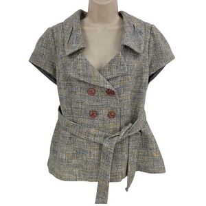 Classiques Entier Linen Blend Blazer Women L Blue Tweed Short Sleeve Belt Preppy